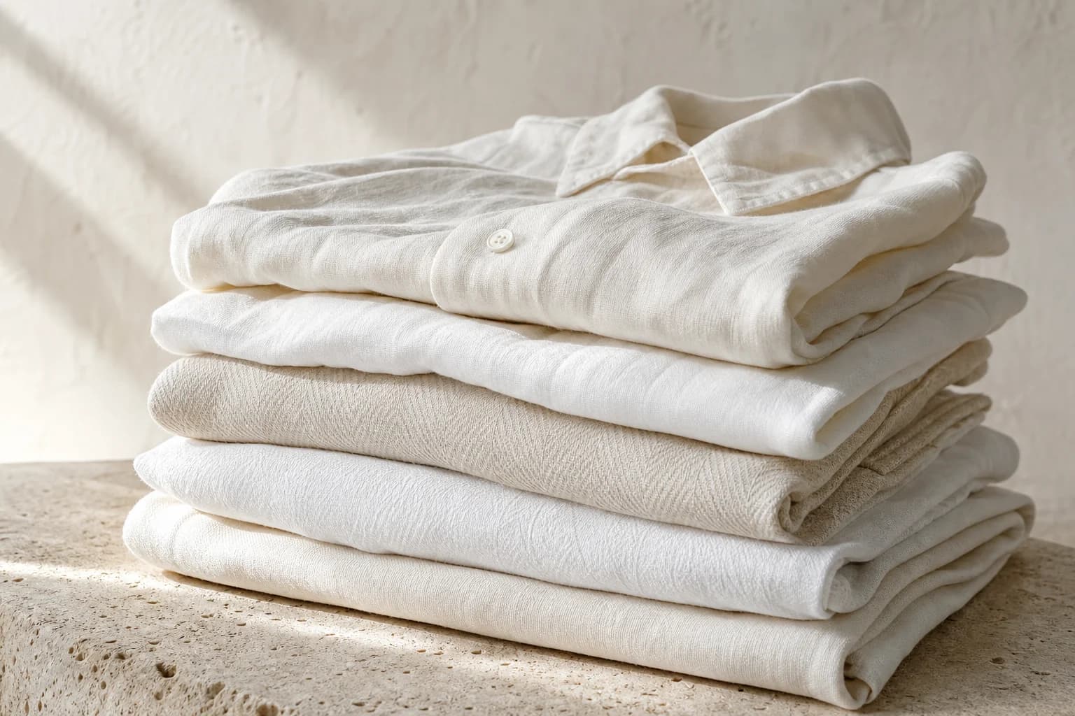 Folded white linen and cotton garments stacked on pale stone