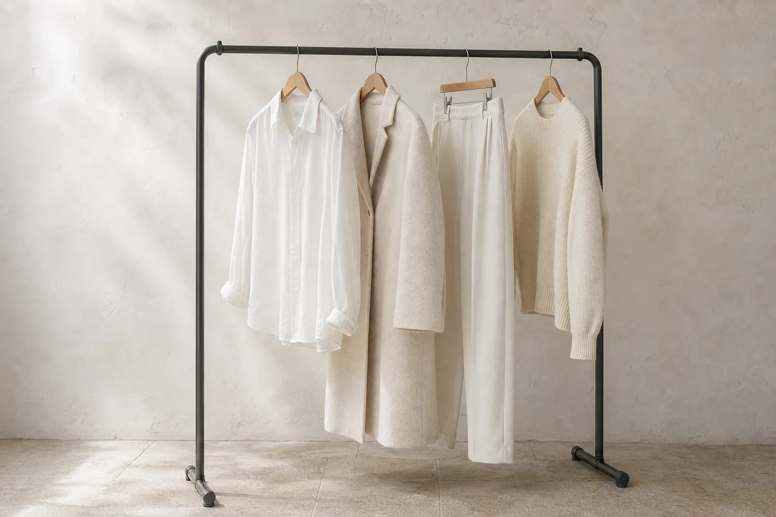 A rail of white and ivory garments against a pale studio wall