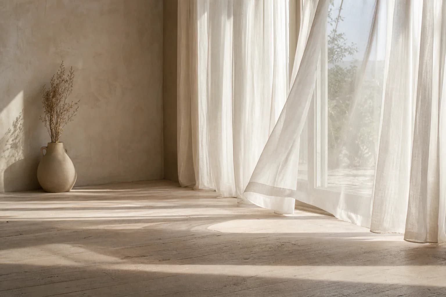 A quiet sunlit room with sheer white linen curtains and long shadows